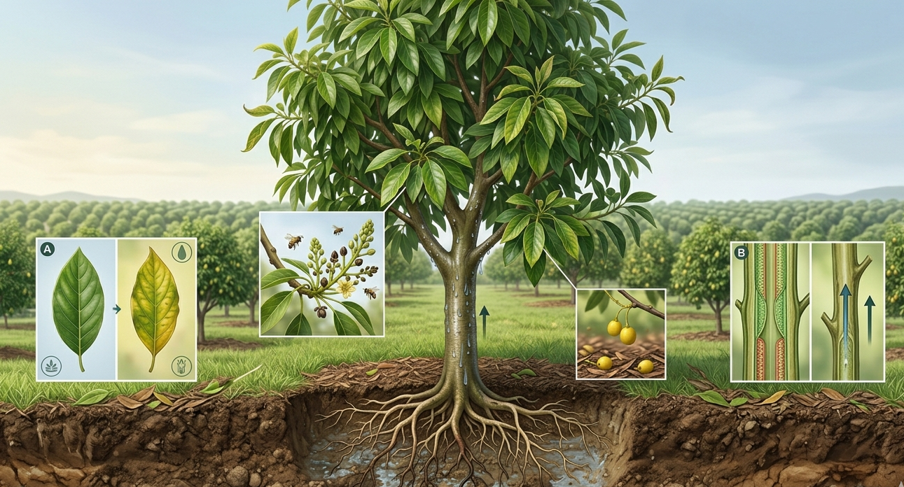 Illustration of an avocado tree in an orchard that looks healthy but without fruit, showing flowers, visible soil and bees around, representing possible agronomic causes that affect production.